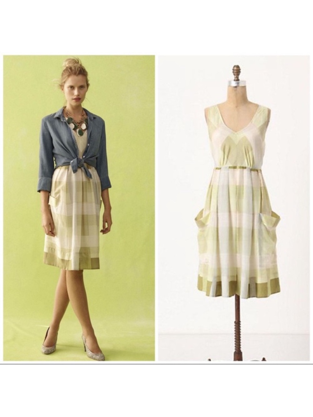 Maeve inwood Light Green Plaid V-Neck silk Midi Dress size 2